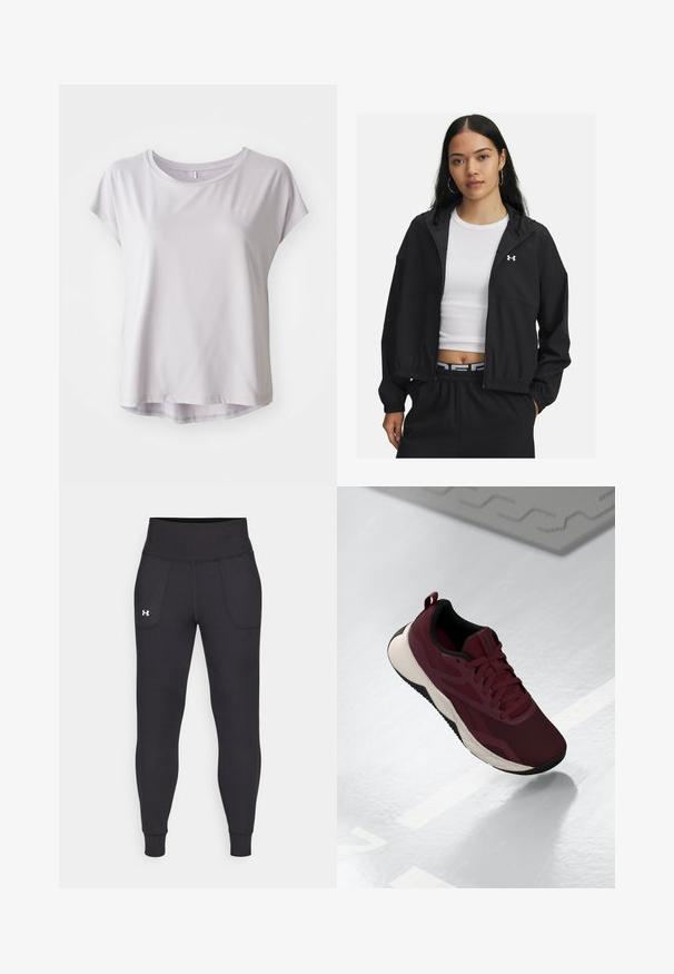 Chaqueta negra con cremallera y capucha, con puños elásticos, que presenta un diseño elegante. La tela parece suave, con un logo de Under Armour en el pecho.; Camiseta atlética de manga corta en gris claro, hecha de un tejido suave y transpirable; escote redondo con un dobladillo sutilmente curvado para un ajuste relajado.; Leggings deportivos negros hechos de material elástico, con una cintura alta, bolsillos laterales y puños ajustados en el tobillo.; Zapatilla deportiva marrón con parte superior de malla, acentos negros y suela blanca acolchada. Cuenta con cierre de cordones y una lengüeta en el talón.