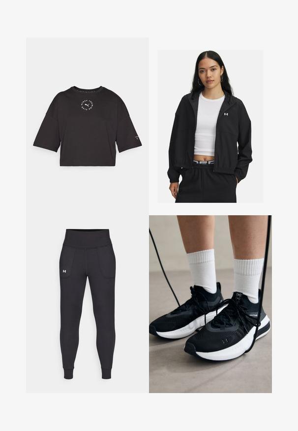 Černá bunda na zip s kapucí a elastickými manžetami, která má elegantní design. Tkanina vypadá hladce a na hrudi je logo Under Armour.; Černé zkrácené tričko s oversize rukávy. Uprostřed má kulaté bílé logo a malé akcenty na rukávu. Materiál je směs bavlny.; Černé sportovní legíny vyrobené z elastického materiálu, s vysokým pasem, bočními kapsami a úzkými manžetami na kotnících.; Černé sportovní boty s texturovanou tkaninou, bílou podrážkou a černými tkaničkami. Nosené s bílými žebrovanými ponožkami, stojící na světlém povrchu.