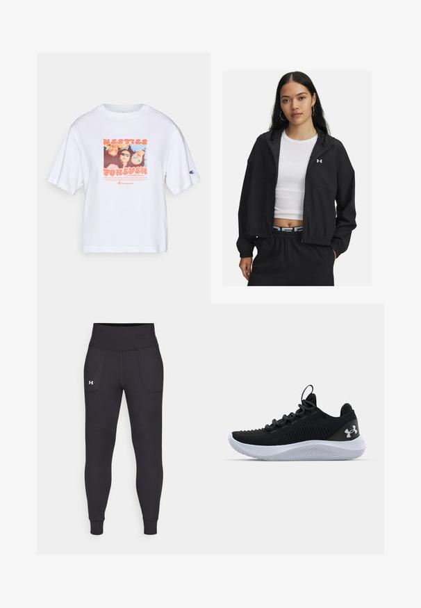 Schwarze Zip-Jacke mit Kapuze und elastischen Bündchen, die ein schlankes Design aufweist. Der Stoff wirkt glatt, mit einem Under Armour-Logo auf der Brust.; Weißes T-Shirt mit kurzen Ärmeln, das mit einem bunten Fotodruck verziert ist, auf dem der Text "BESTIES FOREVER" steht, und dem Champion-Logo auf dem Ärmel.; Schwarze Sportleggings aus dehnbarem Material, mit hohem Taillenbund, seitlichen Taschen und schmalen Bündchen am Knöchel.; Schwarze Sportschuhe mit einem atmungsaktiven Mesh-Obermaterial, strukturierten Details und einer weißen Gummisohle. Ausgestattet mit flachen Schnürsenkeln und einer Zuglasche an der Ferse.