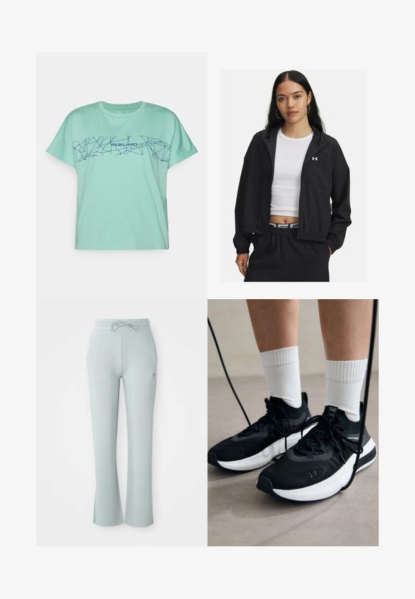 Black zip-up jacket with a hood and elastic cuffs, featuring a sleek design. The fabric appears smooth, with an Under Armour logo on the chest.; Mint green t-shirt made of cotton, featuring a navy geometric line design and "MIZUNO" text across the chest. Short sleeves, crew neckline.; Light blue athletic pants with a drawstring waistband, side pockets, and flared leg openings. Smooth fabric with minimal design details.; Black athletic shoes with textured fabric, white sole, and black laces. Worn with white ribbed socks, standing on a light surface.