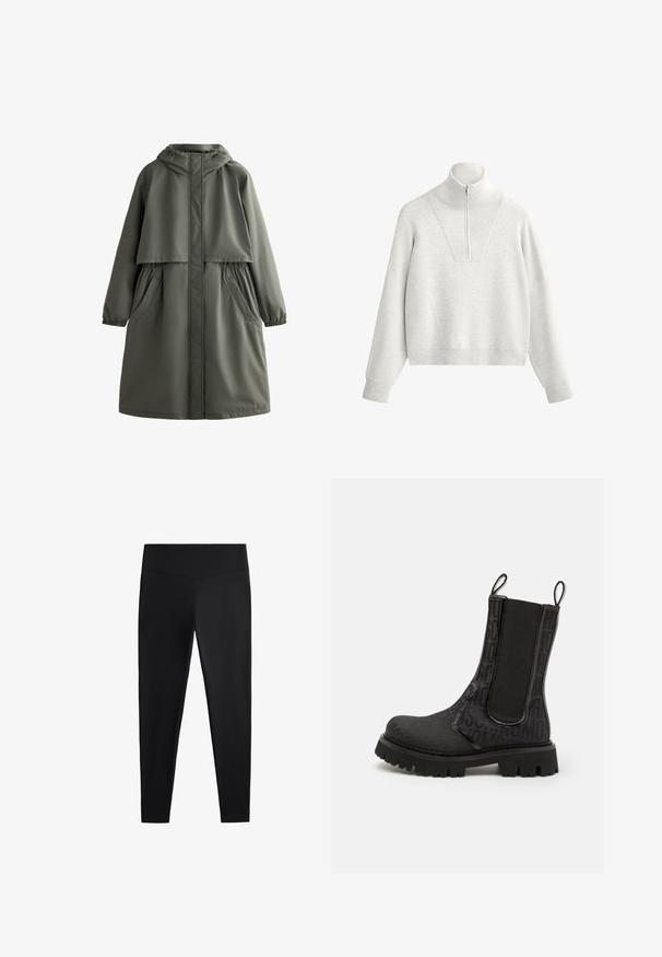 Olivově zelený nepromokavý kabát s kapucí, elastickými manžetami, dvěma bočními kapsami a vrstveným designem. Hladká textura a střední délka.; Světle šedá mikina s vysokým límcem, která má půlzip a žebrovanou strukturu. Kostičkový tvar s kleslými rameny a strukturovaným designem.; Černé legíny vyrobené z hladkého, elastického materiálu. Mají široký pas a zúžený střih nohavic, vhodné pro aktivní nebo volnočasové nošení.; Černé kotníkové boty s texturovaným svrškem a embosovanými nápisy, elastickými bočními panely a masivní gumovou podrážkou s robustním vzorkem.