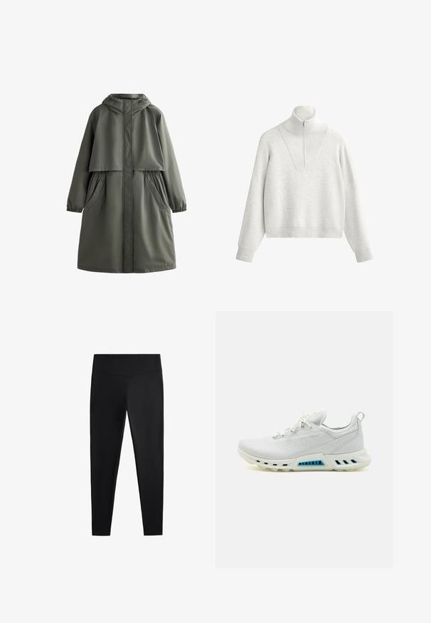 Olivno zeleni vodoodporni plašč s kapuco, elastičnimi manšetami, dvema stranskima žepoma in plastebnim dizajnom. Gladka tekstura in srednje dolžine.; Svetlo siva majica s visokim ovratnikom, koja sadrži polu-zip i rebrastu teksturu. Kutni kroj s spuštenim ramenima i strukturiranim dizajnom.; Črne legice iz gladkega, raztegljivega blaga. Imajo širok pas in zožen dizajn nog, primeren za aktivno ali vsakodnevno nošenje.; Bela športna obutev z gladkim sintetičnim zgornjim delom, perforiranimi vzorci in svetlo modrimi detajli. Debel podplat z zračnimi izrezi.