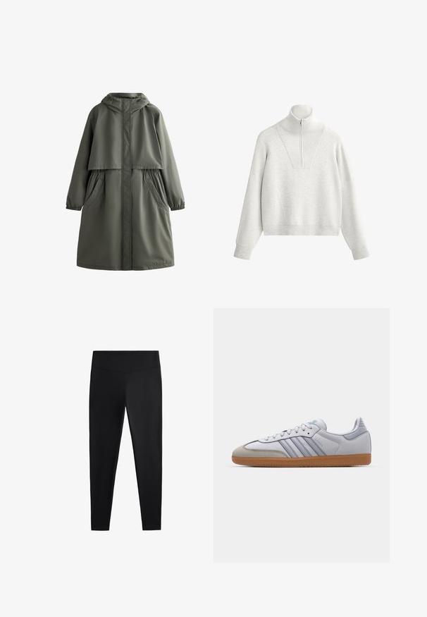Mantie impermeabilă de culoare verde măslin, cu glugă, mănuși elastice, două buzunare laterale și un design stratificat. Textură netedă și croială de lungime medie.; Hanorac gri deschis cu guler înalt, având un fermoar la jumătate și o textură ribbed. Formă dreptunghiulară cu umeri căzuți și un design structurat.; Colanți negri realizați dintr-un material neted și elastic. Prezintă o talie lată și un design cu picioare conice, potriviți pentru activități sportive sau purtat casual.; Tenisi din piele albă cu accente albastre deschise, vârf din suede gri și talpă din cauciuc maro. Prezintă trei dungi albastre și branding "Samba".
