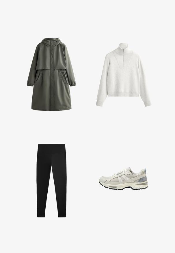 Olíva zöld vízálló kabát kapucnival, rugalmas mandzsettákkal, két oldalsó zsebbel és réteges kialakítással. Simas textura és középhosszú fazon.; Világosszürke pulóver magas gallérral, félig cipzárral és bordázott textúrával. Dobozos fazon, eső vállakkal és strukturált kialakítással.; Fekete leggings sima, rugalmas anyagból. Magas derék kialakítás, bokánál díszítéssel és látható minták vagy fémrészletek nélkül.; Bézs színű sportcipő texturált hálós felsőrésszel és sima kiegészítőkkel. Párnázott talppal, megerősített orr-résszel és fekete gumitalppal rendelkezik.
