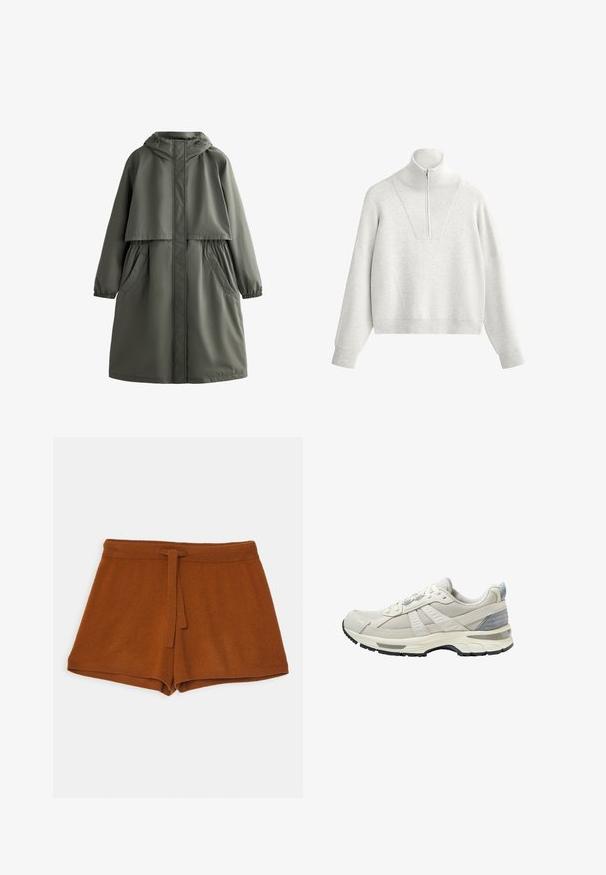 Olíva zöld vízálló kabát kapucnival, rugalmas mandzsettákkal, két oldalsó zsebbel és réteges kialakítással. Simas textura és középhosszú fazon.; Világosszürke pulóver magas gallérral, félig cipzárral és bordázott textúrával. Dobozos fazon, eső vállakkal és strukturált kialakítással.; Barna kötött rövidnadrág, megkötős derékkal, puha tapintással és egyszerű dizájnnal. Az alja tartós varrással van befejezve.; Bézs színű sportcipő texturált hálós felsőrésszel és sima kiegészítőkkel. Párnázott talppal, megerősített orr-résszel és fekete gumitalppal rendelkezik.