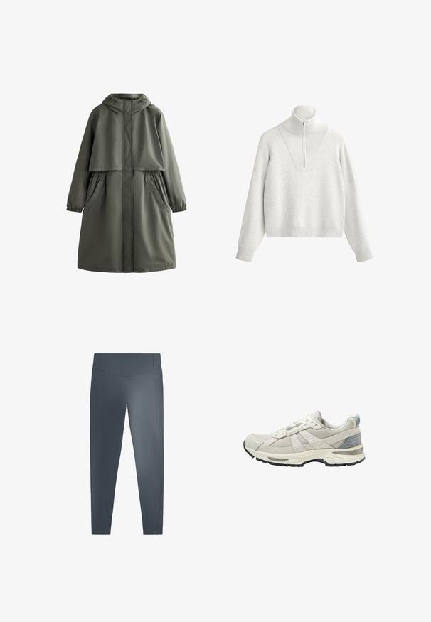 Mantie impermeabilă de culoare verde măslin, cu glugă, mănuși elastice, două buzunare laterale și un design stratificat. Textură netedă și croială de lungime medie.; Hanorac gri deschis cu guler înalt, având un fermoar la jumătate și o textură ribbed. Formă dreptunghiulară cu umeri căzuți și un design structurat.; Leggings negri închis, cu o textură netedă, talie înaltă și două buzunare laterale. Prezintă cusături minime și un design cu picior conic.; Pantof sportiv bej cu partea superioară din plasă texturată și accente netede. Dispune de o talpă amortizată, vârf întărit și talpă exterioară din cauciuc negru.
