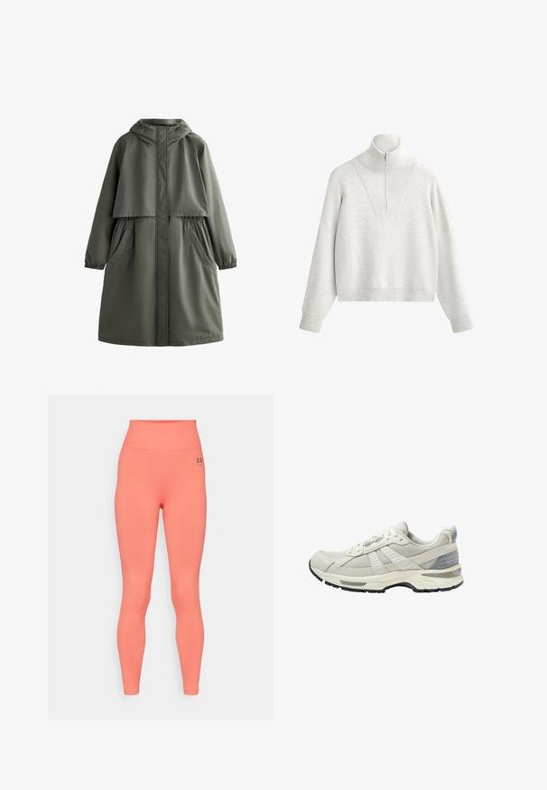 Olijfgroen waterdichte jas met capuchon, elastische manchetten, twee zijzakken en een gelaagd ontwerp. Soepele textuur en gemiddelde lengte.; Lichtgrijze sweatshirts met een hoge kraag, voorzien van een halve rits en ribbeltextuur. Vierkante snit met doorlopende schouders en een gestructureerd ontwerp.; Hoge taille leggings in fel koraal, gemaakt van rekbaar materiaal. Kenmerkt zich door een gladde textuur en een klein zwart logo op de tailleband.; Beige sportschoen met een bovenwerk van gestructureerd mesh en gladde accenten. Voorzien van een gewatteerde zool, versterkte neus en een zwarte rubberen buitenzool.