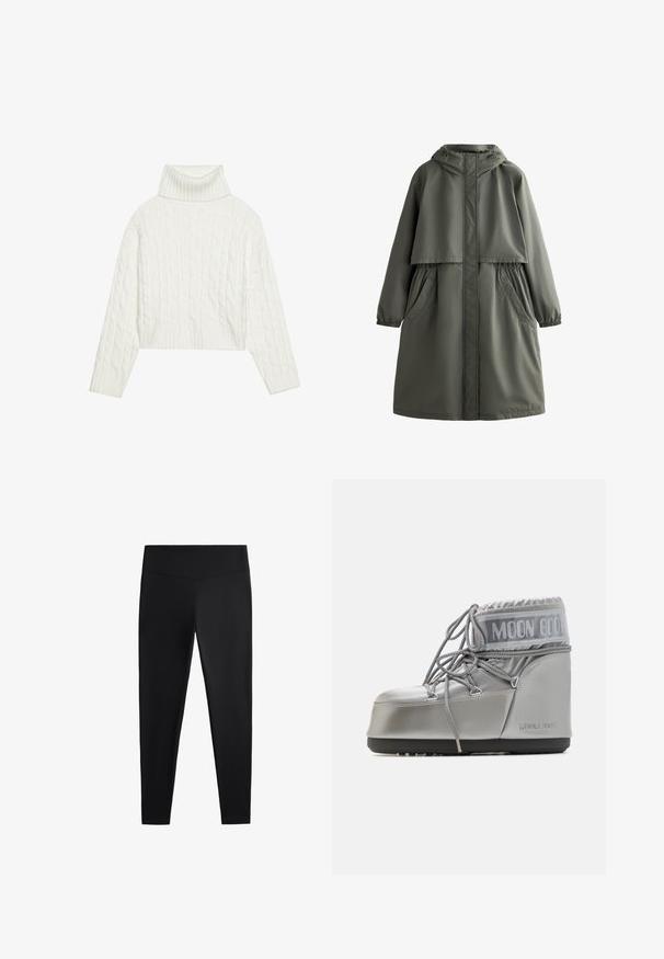 Oliwkowy wodoodporny płaszcz z kapturem, z elastycznymi mankietami, dwiema bocznymi kieszeniami i warstwowym designem. Gładka faktura i średniej długości krój.; Biały sweter z golfem o splocie warkoczowym, o skróconym kroju, z prążkowanymi mankietami i dolnym wykończeniem. Miękka faktura z przytulnym, grubym wzorem.; Czarne legginsy wykonane z gładkiego, elastycznego materiału. Posiadają szeroki pas oraz zwężany krój nogawek, odpowiednie zarówno do aktywności fizycznej, jak i na co dzień.; Srebrny wodoodporny but o zaokrąglonym kształcie, teksturowanym wykończeniu i szarych sznurówkach. Posiada wyraźne logo "MOON BOOT" na górnej części.