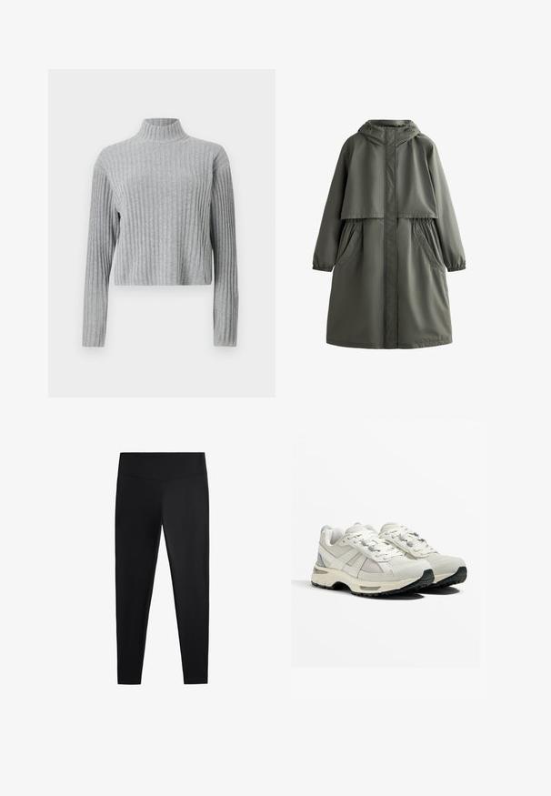 Olijfgroen waterdichte jas met capuchon, elastische manchetten, twee zijzakken en een gelaagd ontwerp. Soepele textuur en gemiddelde lengte.; Grijze geribbelde coltrui met lange mouwen, cropped zoom, zachte textuur en een nauwsluitend ontwerp. Geen zichtbare hardware of patronen.; Zwarte leggings van gladde, rekbare stof. Voorzien van een brede tailleband en een taps toelopend pootdesign, geschikt voor actieve of casual kleding.; Lichte hardloopschoenen in beige en grijs. Bovenwerk van mesh, rubberen zool, veters met versterkte ogen en een getextureerde hakaccent.