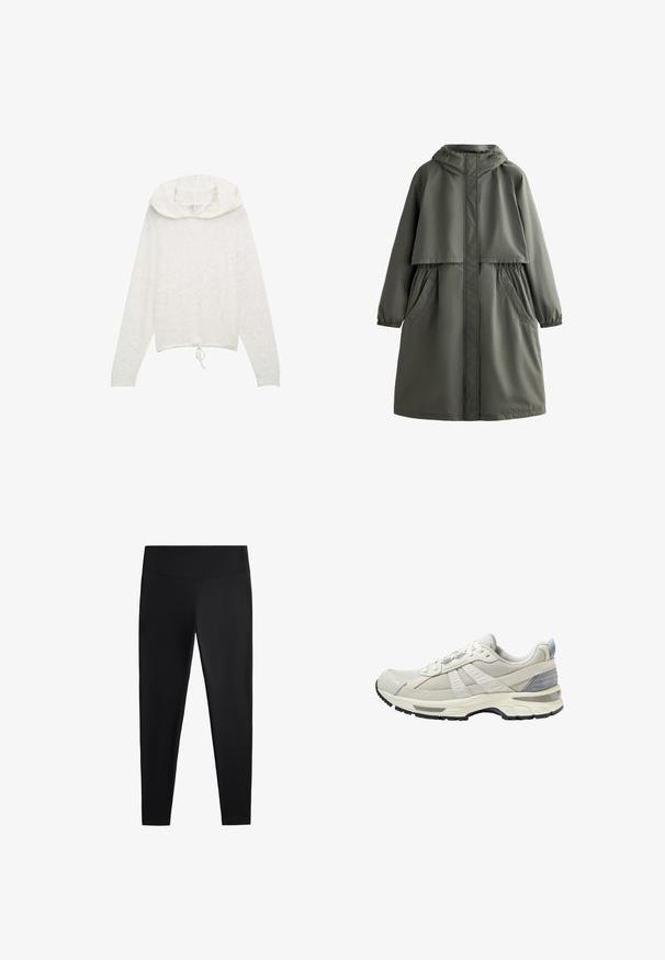 Mantie impermeabilă de culoare verde măslin, cu glugă, mănuși elastice, două buzunare laterale și un design stratificat. Textură netedă și croială de lungime medie.; Hanorac lung alb cu maneci lungi, cu un tiv cu siret, fabricat dintr-un material moale și texturat, având un design cu glugă rotundă și stratificată.; Colanți negri realizați dintr-un material neted și elastic. Prezintă o talie lată și un design cu picioare conice, potriviți pentru activități sportive sau purtat casual.; Pantof sportiv bej cu partea superioară din plasă texturată și accente netede. Dispune de o talpă amortizată, vârf întărit și talpă exterioară din cauciuc negru.