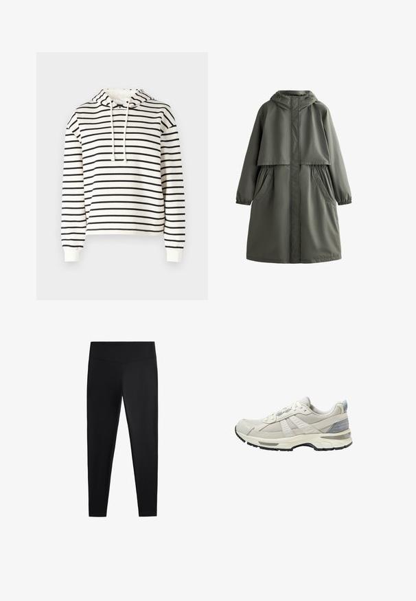 Mantie impermeabilă de culoare verde măslin, cu glugă, mănuși elastice, două buzunare laterale și un design stratificat. Textură netedă și croială de lungime medie.; Hanorac cu dungi în crem și negru. Fabricat dintr-un material moale, are glugă cu șnur, mâneci lungi și un croi lejer.; Colanți negri realizați dintr-un material neted și elastic. Prezintă o talie lată și un design cu picioare conice, potriviți pentru activități sportive sau purtat casual.; Pantof sportiv bej cu partea superioară din plasă texturată și accente netede. Dispune de o talpă amortizată, vârf întărit și talpă exterioară din cauciuc negru.