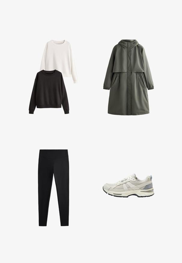 Olivno zeleni vodoodporni plašč s kapuco, elastičnimi manšetami, dvema stranskima žepoma in plastebnim dizajnom. Gladka tekstura in srednje dolžine.; Komplet dveh puloverjev: en bel, en črn. Oba imata dolge rokave, okrogle izreze in mehak tekstil, podoben bombažu.; Črne legice iz gladkega, raztegljivega blaga. Imajo širok pas in zožen dizajn nog, primeren za aktivno ali vsakodnevno nošenje.; Bež atletski čevelj z zgornjim delom iz teksturirane mrežice in gladkimi poudarki. Ima oblazinjen podplat, ojačan prstni del in črni gumijasti podplat.