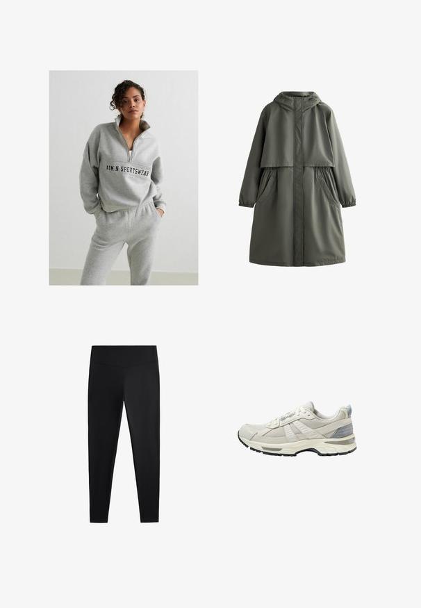 Olijfgroen waterdichte jas met capuchon, elastische manchetten, twee zijzakken en een gelaagd ontwerp. Soepele textuur en gemiddelde lengte.; Grijze pullover sweatshirt met een ritskraag, voorzien van een logo in het midden. Gecombineerd met bijpassende grijze sweatpants met een elastische tailleband.; Zwarte leggings van gladde, rekbare stof. Voorzien van een brede tailleband en een taps toelopend pootdesign, geschikt voor actieve of casual kleding.; Beige sportschoen met een bovenwerk van gestructureerd mesh en gladde accenten. Voorzien van een gewatteerde zool, versterkte neus en een zwarte rubberen buitenzool.