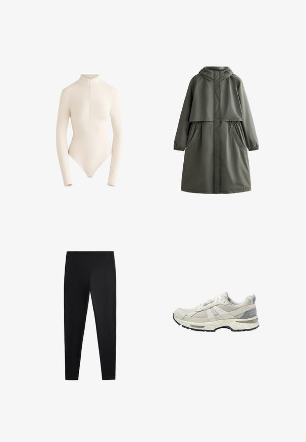 Mantie impermeabilă de culoare verde măslin, cu glugă, mănuși elastice, două buzunare laterale și un design stratificat. Textură netedă și croială de lungime medie.; Body cu mânecă lungă dintr-un material bej deschis, cu guler înalt și fermoar pe față, având un design neted, aderent și un decolteu adânc la spate.; Colanți negri realizați dintr-un material neted și elastic. Prezintă o talie lată și un design cu picioare conice, potriviți pentru activități sportive sau purtat casual.; Pantof sportiv bej cu partea superioară din plasă texturată și accente netede. Dispune de o talpă amortizată, vârf întărit și talpă exterioară din cauciuc negru.