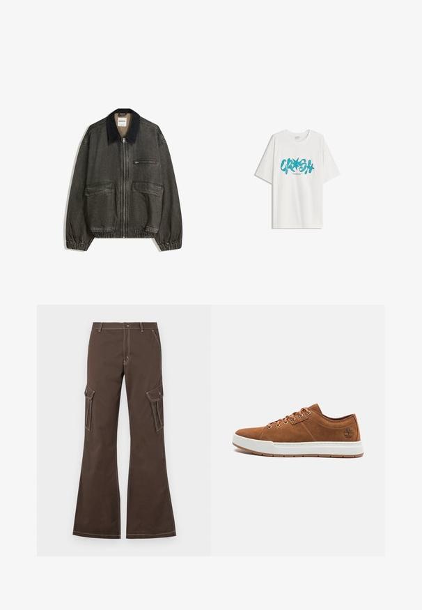 Dunkelgraue Jeansjacke mit einem schwarzen Cordkragen, elastischen Bündchen, zwei Seitentaschen und einer Reißverschlusstasche auf der Brust. Strukturierter Stoff.; Bershka SHORT SLEEVE - T-Shirt print - white; Braune Cargo-Hosen mit Schlagbeinen, seitlichen Taschen, weißen Nahtakzenten und einem Metallknopfverschluss.; Braune Wildleder-Sneaker mit weißer Gummisohle, runder Zehenform, sechs Metallösen und geprägtem Logodetail an der Seite. Klassisches Schnürdesign.