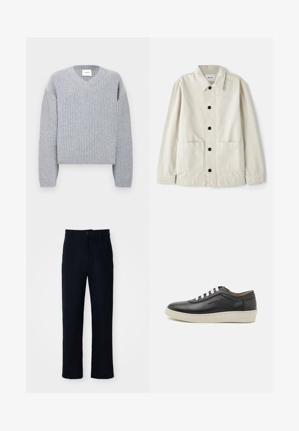 Jasno beżowa kurtka zapinana na guziki, wykonana z wytrzymałej bawełny, z kołnierzem zapinanym na dół, dwoma przednimi kieszeniami i sześcioma czarnymi guzikami. Gładka faktura.; Szary prążkowany sweter z dekoltem w serek, długimi rękawami i luźnym krojem. Materiał ma teksturowane wykończenie z subtelnymi poziomymi liniami.; Granatowe spodnie wykonane z bawełny, z prostą nogawką, z zapięciem na guziki z przodu oraz klasycznym pasem z pętelkami na pasek.; Czarne skórzane trampki z białą gumową podeszwą, okrągłym noskiem i płaskimi sznurowadłami, z bocznymi detalami szycia i subtelnym logo.