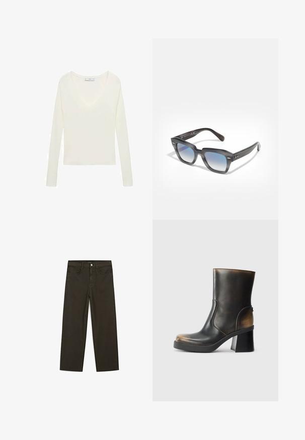 Cappotto in pelle marrone con colletto, bottoni frontali e due tasche laterali. Caratterizzato da una texture liscia e una vestibilità ampia e rilassata.; Top bianco a maniche lunghe con scollatura a V profonda, tessuto a costine sulle spalle e design aderente. Etichetta visibile sulla scollatura.; Jeans a gamba larga di colore verde scuro, realizzati in tessuto misto cotone, dotati di chiusura con bottone frontale, cinque tasche e cuciture classiche in denim.; Stivaletto in pelle nera con finitura lucida, punta rotonda, dettagli in contrasto color tan, tacco a blocco e zip laterale.; Occhiali da sole quadrati con una montatura grigia sfumata e lenti blu sfumate. Presentano dettagli in metallo e un marchio discreto sulle astine.