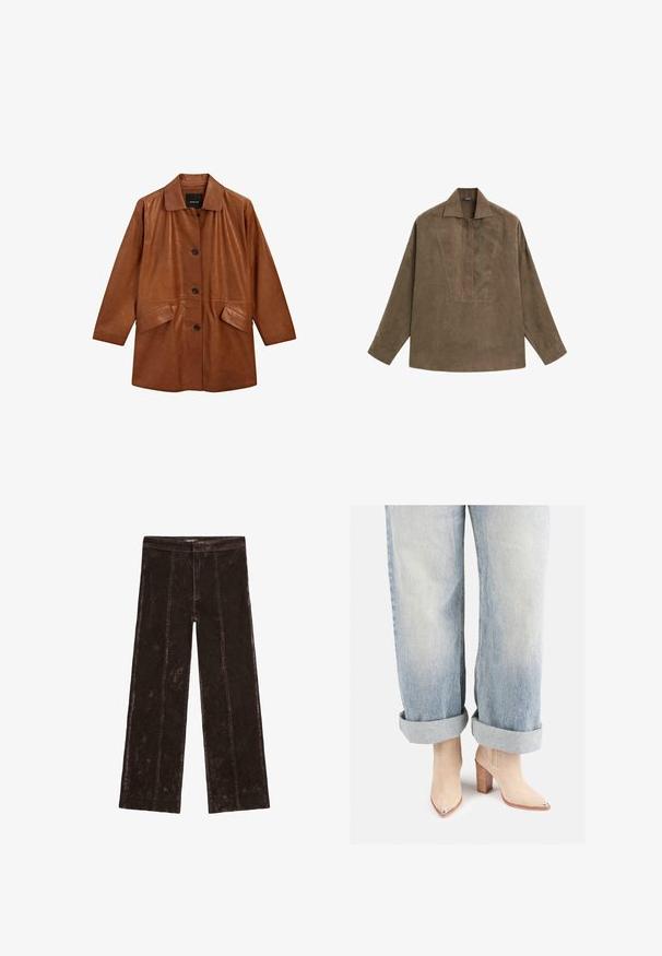 Brązowy skórzany płaszcz z kołnierzem, z przodu na guziki oraz dwoma bocznymi kieszeniami. Posiada gładką fakturę i luźny, swobodny krój.; Brązowa zamszowa koszula typu pulower z klasycznym kołnierzykiem, długimi rękawami oraz zaszewką z przodu. Gładka faktura z subtelnym połyskiem.; Spodnie o szerokich nogawkach w ciemnym brązie, z teksturą przypominającą zamsz, z pionowymi szwami oraz elastycznym pasem dla wygody.; Beżowe zamszowe botki za kostkę z wysmuklonym noskiem i metalicznym akcentem na obcasie, połączone z jasnoniebieskimi dżinsami zwiniętymi na dole.