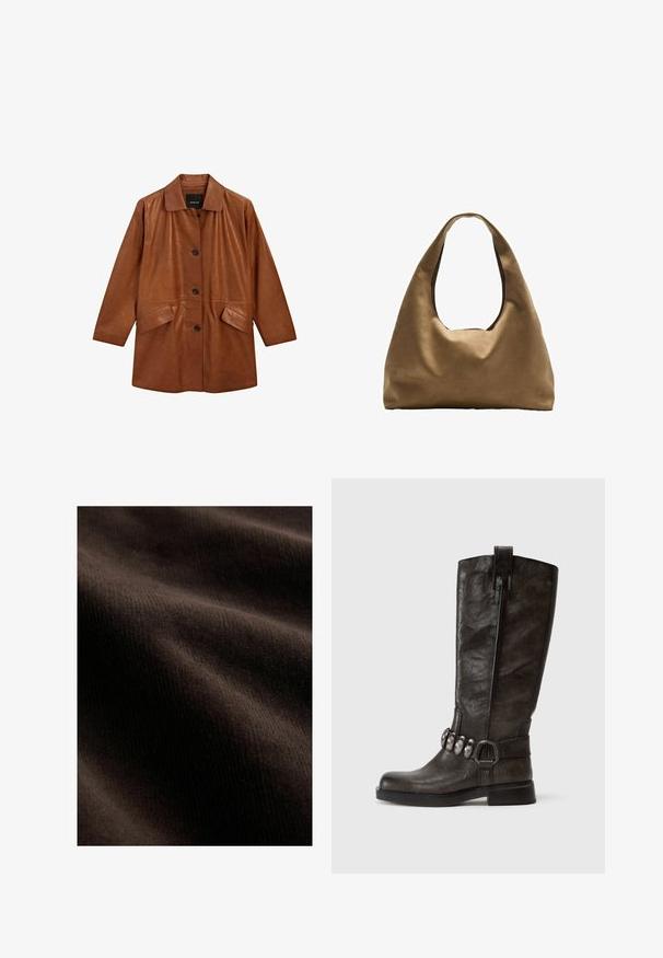 Hnědý kožený kabát s límcem, předními knoflíky a dvěma bočními kapsami. Má hladký povrch a volný, uvolněný střih.; Bílý bavlněný top bez rukávů s kulatým výstřihem a přiléhavým střihem. Hladká textilie, jednoduchý design a minimální švy.; Tmavě hnědá látka s hladkým povrchem, obsahující jemné rýhy a vlny, což vytváří hloubku a dimenzi v materiálu.; Tamaris Kovbojské/motorkářské kozačky - cigar; Hnědá textilní taška přes rameno s širokým, zaobleným tvarem a velkým výřezem na rukojeť. Měkká textura, minimalistický design a žádné viditelné kovové prvky.