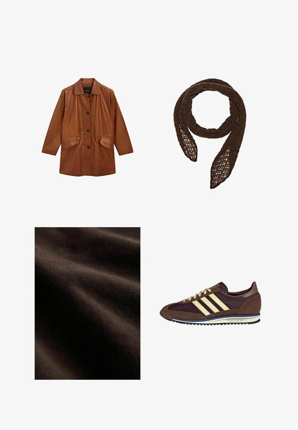 Manteau en cuir marron avec col, boutons à l'avant et deux poches latérales. Il présente une texture lisse et une coupe ample et décontractée.; Débardeur en coton blanc avec un décolleté arrondi, sans manches et ajusté. Texture lisse, design uni et détails de couture minimaux.; Tissu marron foncé avec une texture lisse, présentant des ondulations et des creux subtils, créant profondeur et dimension dans le matériau.; Baskets marron et bordeaux avec des matériaux en daim et en maille, présentant trois rayures crème, un tissu texturé sur la languette et une semelle en caoutchouc.; Massimo Dutti Écharpe - brown