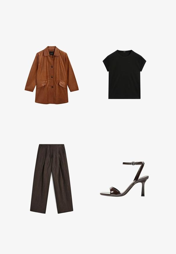 Brauner Ledercoat mit einem Kragen, vorderen Knöpfen und zwei Seitentaschen. Er zeichnet sich durch eine glatte Textur und eine lockere, entspannte Passform aus.; Schwarzes kurzärmeliges T-Shirt mit Rundhalsausschnitt und geradem Saum, flach auf einem weißen Hintergrund präsentiert.; Dunkelbraune Hosen aus strukturiertem Stoff mit weitem Bein, gefälteltem Vorderteil und seitlichen Taschen für eine definierte Silhouette.; Braune Lackleder-High-Heelsandale mit einem Knöchelriemen, offener Zehenpartie und einem schlanken, minimalistischen Design. Verfügt über einen quadratischen Absatz.