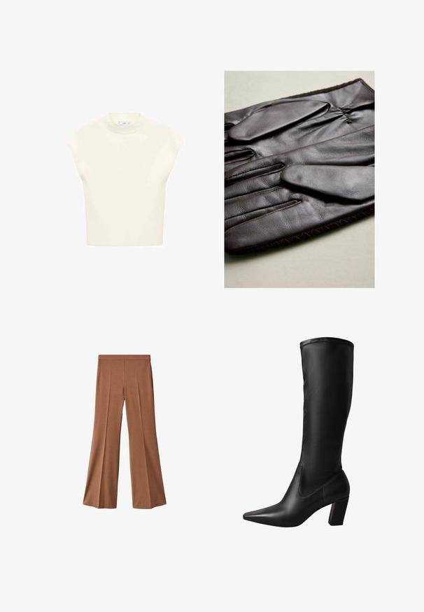 Brauner Ledercoat mit einem Kragen, vorderen Knöpfen und zwei Seitentaschen. Er zeichnet sich durch eine glatte Textur und eine lockere, entspannte Passform aus.; Kurzärmliges, hellcremefarbenes Oberteil mit Rundhalsausschnitt, aus weichem Material gefertigt. Verfügt über eine lässige Passform und eine glatte Textur, ideal zum Übereinandertragen.; Braune weit geschnittene Hose mit glatter Textur, hoher Taille, zwei vorderen Falten und geradem Schnitt bis zum Saum.; Schwarze kniehohe Stiefel aus Leder mit spitz zulaufender Zehe, Blockabsatz, glatter Textur und figurbetontem Design. Nahtdetails entlang des Schafts.; Braune Lederhandschuhe mit glatter Textur, fünf Fingern, elastischem Handgelenk und dekorativer Naht entlang der Kante.