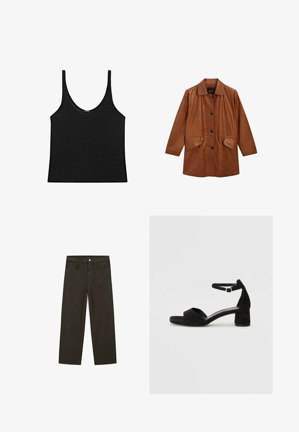 Cappotto in pelle marrone con colletto, bottoni frontali e due tasche laterali. Caratterizzato da una texture liscia e una vestibilità ampia e rilassata.; Top nero in un tessuto morbido con scollatura rotonda e spalline sottili. Design semplice, corto, con bordi puliti e senza fantasie.; Jeans a gamba larga di colore verde scuro, realizzati in tessuto misto cotone, dotati di chiusura con bottone frontale, cinque tasche e cuciture classiche in denim.; Sandali con tacco in suede nero, con una sottile fascia alla caviglia, design open toe e un discreto tacco a blocco. Texture liscia e decorazioni minime.