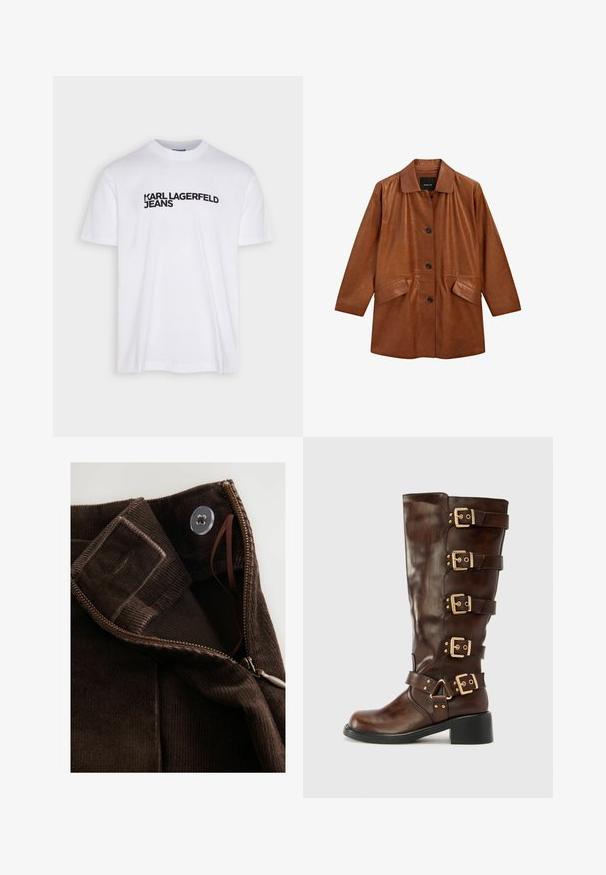 Brązowy skórzany płaszcz z kołnierzem, z przodu na guziki oraz dwoma bocznymi kieszeniami. Posiada gładką fakturę i luźny, swobodny krój.; Biała bawełniana koszulka z okrągłym dekoltem, z czarnym nadrukowanym tekstem logo "KARL LAGERFELD JEANS" na piersi.; Brązowy materiał sztruksowy o gładkiej teksturze, z suwakiem, zapięciem na guzik oraz wewnętrzną zakładką dla pewnego zapięcia.; RAID GELINA brązowy