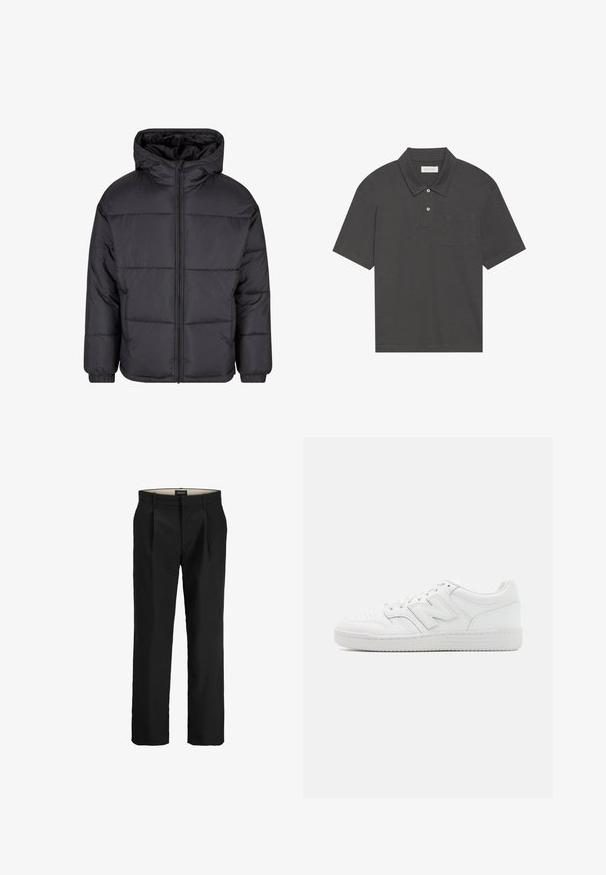 Schwarze Pufferjacke mit Kapuze, Reißverschluss vorne und elastischen Bündchen. Verfügt über ein gestepptes Design und eine glatte Textur für Wärme und Isolation.; Dunkelgraues Poloshirt mit traditionellem Kragen, Drei-Knopf-Leiste, kurzen Ärmeln und einer linken Brusttasche. Glatte Stoffoberfläche.; Schwarze, schmal geschnittene Stoffhose mit flachem Frontdesign, zwei Seitentaschen, glatter Textur und geradem Bein. Mit Gürtelschlaufen für zusätzlichen Stil.; Weiße Sneaker aus glattem Leder, mit perforierter Zehenpartie, einer strukturierten Gummisohle, flachen Schnürsenkeln und einem auffälligen 'N'-Logo an der Seite.