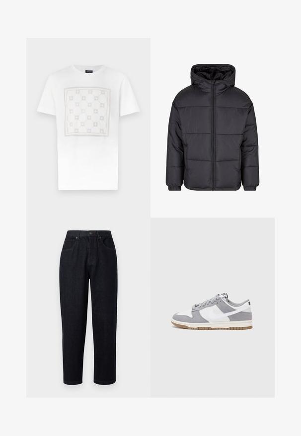 Svart puffjacka med huva, dragkedja fram och elastiska muddar. Har en quiltad design och slät textur för värme och isolering.; Vit bomull T-shirt med ett stort, subtilt rutmönster i ljusbeige med rundade former och detaljer, avslutad med rund hals.; Mörkblå denimbyxor med en avslappnad passform, med knapp- och dragkedjestängning, två framfickor och stickningsdetaljer.; Grå och vit sneakers med överdel i mocka och läder, rund tå, platta snören och en gummisula med ett accent i gummi.