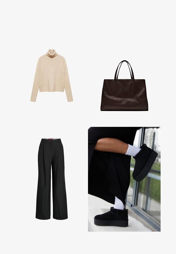 Sort uldfrakke med bæltestykke i taljen, bred krave og lange ærmer. Har et enkelt design med en mellem-lang pasform. Struktureret stof.; Beige turtleneck sweater lavet af blødt strikkemateriale. Har en ribbet halsudskæring, lange ærmer og en cropped kant for en afslappet pasform.; Sorte vidde bukser med et skræddersyet design, der har plisseringer og en glat stofstruktur. Rene linjer uden synlig hardware eller accenter.; Sorte suede ankelstøvler med flad sål, med en bageste træksløjfe, båret med hvide ankelstrømper mod en minimalistisk baggrund.; Massimo Dutti Håndtasker - brown