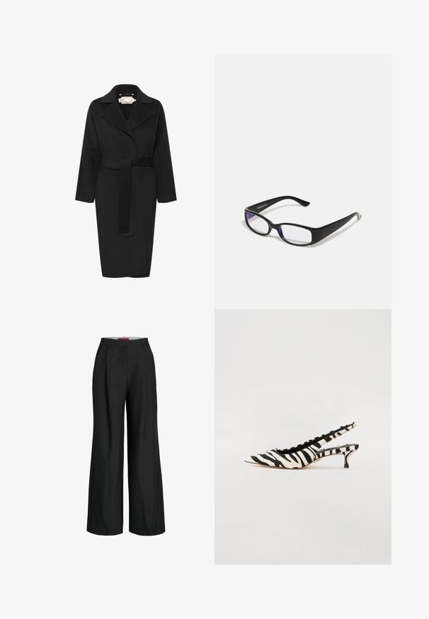 Čierny vlnený kabát s opaskom v oblasti pása, širokým golierom a dlhými rukávmi. Má čistý, moderný dizajn s dĺžkou do polovice stehien. Textúrovaná tkanina.; Biela košeľa s gombíkmi a špicatým golierom, dlhými rukávmi a malým modrým logom na ľavej hrudi. Vyrobená z bavlnenej látky.; Čierne široké nohavice s priliehavým strihom, s plisovaním a hladkou textúrou látky. Čisté línie bez viditeľného hardvéru alebo akcentov.; Steve Madden KARI - Klasické lodičky na opätku - black; Čierne obdĺžnikové okuliare s priehľadnými šošovkami. Lesklý povrch, úzke ramená a fialový nádych viditeľný na okrajoch šošoviek.