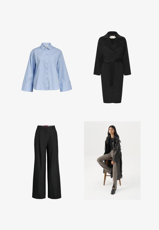 Schwarzer Wollmantel mit tailliertem Gürtel, breitem Kragen und langen Ärmeln. Verfügt über ein geradliniges Design mit mittellanger Passform. Strukturierter Stoff.; Object LOOSE FIT - Hemdbluse - serenity; Schwarze weit geschnittene Hose mit maßgeschneidertem Design, mit Falten und einer glatten Stoffstruktur. Klare Linien und keine sichtbaren Beschläge oder Akzente.; Schwarzer Leder-Trenchcoat mit Knöpfen und Gürtel-Detail, kombiniert mit hellbraunen, taillierten Hosen und schwarzen Slippern, sitzt auf einem Holzschemel.