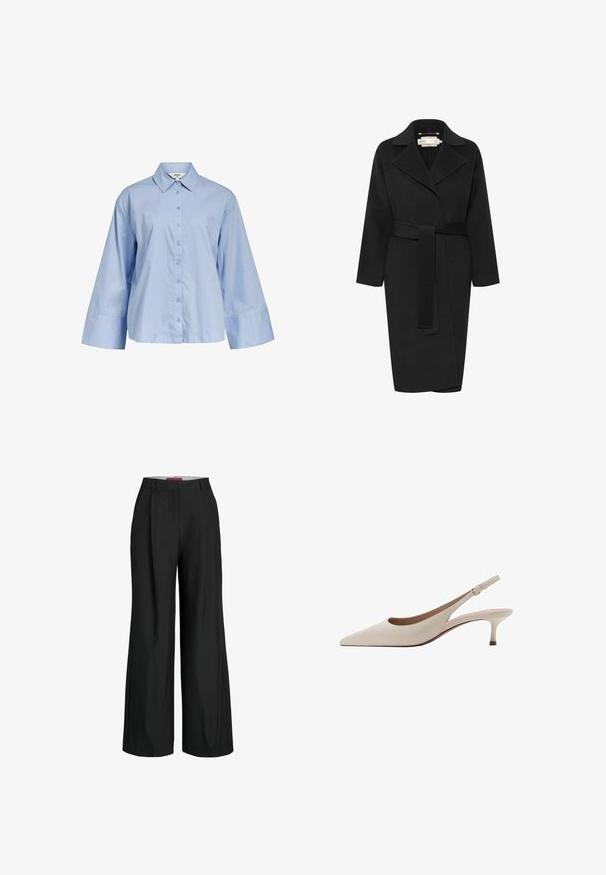 Palton negru din lână, cu talie cu curea, guler lat și mâneci lungi. Dispune de un design curat, cu o croială de lungime medie. Material texturat.; Object LOOSE FIT - Cămașă - serenity; Pantaloni negri cu croială largă, având un design croit, cu plisseuri și o textură a țesăturii netedă. Linii curate și fără elemente sau accente vizibile.; Tocuri bej cu toc înclinare, cu vârf ascuțit și un toc jos, evazat. Fabricate din piele netedă, cu un design minimalist și curea ajustabilă.