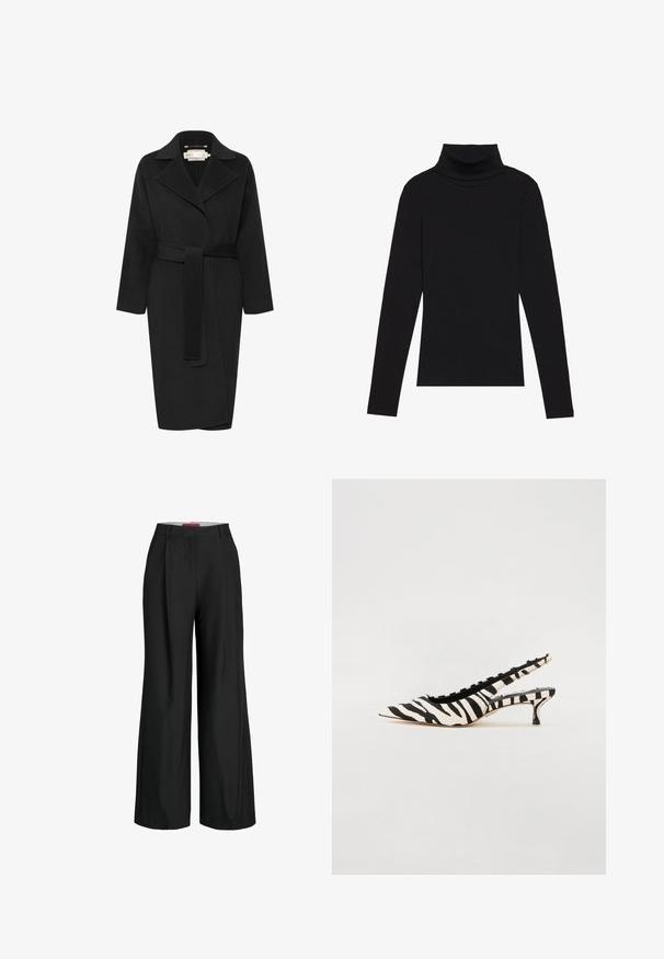 Melnas vilnas mēteles ar jostu ap vidukli, plašu apkakli un garām piedurknēm. Iezīmēts ar gludu līniju dizainu un vidējas garuma piegriezumu. Tekstūrēts audums.; Melnā turtlenecka garām piedurknēm augšdaļa, izgatavota no ribotas auduma, ar pieguļošu piegriezumu, augstu kakla izgriezumu un bez rakstiem vai akcentiem.; Melnas platas bikses ar pielāgotu dizainu, kurām ir krokas un gluda auduma tekstūra. Tīras līnijas un nav redzamu detaļu vai akcentu.; Steve Madden KARI - Klasiski papēži - black