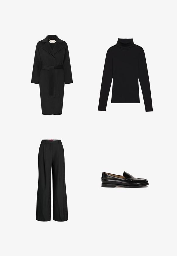 Zwarte wollen jas met een tailleband, brede kraag en lange mouwen. Kenmerkt zich door een strak ontwerp met een middellange pasvorm. Gestructureerde stof.; Zwarte turtleneck met lange mouwen, gemaakt van ribbelstof, heeft een aansluitend ontwerp met een hoge hals en geen patronen of accenten.; Zwarte wijde broek met een tailored design, met plooien en een gladde stoftextuur. Strakke lijnen en geen zichtbare hardware of accenten.; Zwarte leren loafer met een ronde neus, instapontwerp en subtiele stiksels langs de bovenkant. Platte rubberen zool.