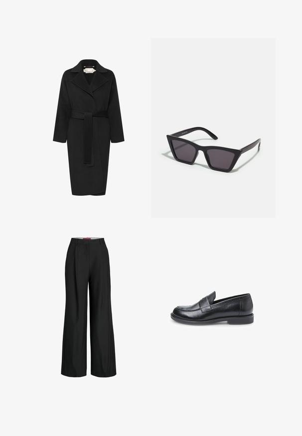 Black wool coat with a belted waist, wide collar, and long sleeves. Features a clean-lined design with a mid-length fit. Textured fabric.; White long-sleeve t-shirt made of cotton. Features a classic crew neckline and dropped shoulder seams, with a smooth, plain texture.; Black wide-leg trousers with a tailored design, featuring pleats and a smooth fabric texture. Clean lines and no visible hardware or accents.; Bata Slip-ons - nero; Black, angular sunglasses with gray lenses; made of plastic, featuring thick arms with a smooth surface and no visible hardware.