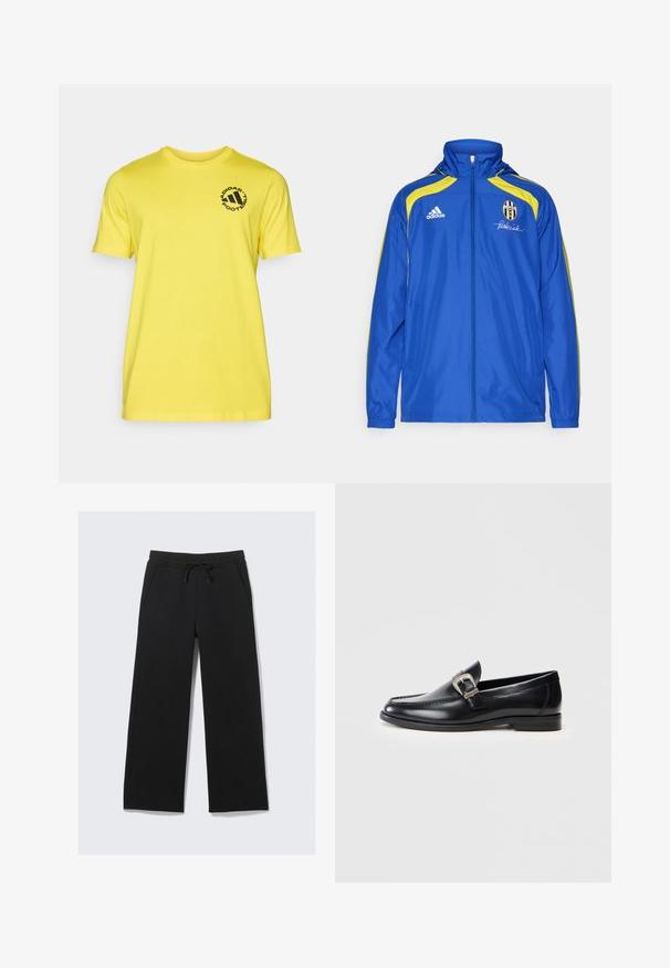adidas Performance JUVENTUS TURIN URBAN PURIST WINDBREAKER - Vereinsmannschaften - team royal blue; Gelbes Baumwoll-T-Shirt mit kurzen Ärmeln und rundem Ausschnitt. Verfügt über ein schwarzes, rundes Logo mit Text auf der linken Brustseite.; Schwarze weit geschnittene Sweatpants aus einem weichen Material. Mit einem elastischen Bund und einer Kordel sowie Seitentaschen. Glatte Textur.; Schwarze Lederloafer mit rundem Zehenbereich, detaillierter Naht, einem silbernen Schnallenakzent und einem niedrigen Absatz. Glatte Textur mit polierter Oberfläche.