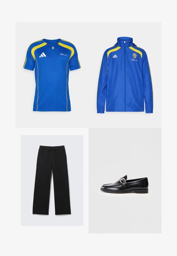 adidas Performance JUVE niebieski; adidas Performance JUVE niebieski; Czarne szerokie spodnie dresowe wykonane z miękkiego materiału. Posiadają elastyczny pas z sznurkiem i boczne kieszenie. Gładka tekstura.; Czarne skórzane mokasyny z zaokrąglonym noskiem, z detalami w postaci przeszyć, srebrną klamrą i niskim obcasem. Gładka tekstura z polerowanym wykończeniem.