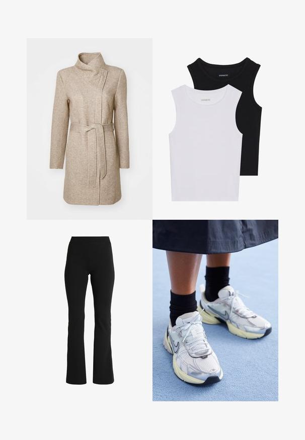 ONLY ONLELLI LIGHT - Kratki kaputi - walnut melange; Dva majica bez rukava u crnoj i bijeloj boji, izrađene od rebrastog pamuka, s okruglim izrezima i prianjajućim dizajnom. Oznake su vidljive na obje.; Crne široke hlače od rastezljivog materijala. Imaju široki pojas i glatku teksturu, dizajnirane su da usko pristaju oko kukova.; Bijele i srebrne Nike tenisice od mrežaste tkanine, s reflektirajućim detaljima i bež potplatom. Nosi se s crnim čarapama, stojeći na plavoj površini.