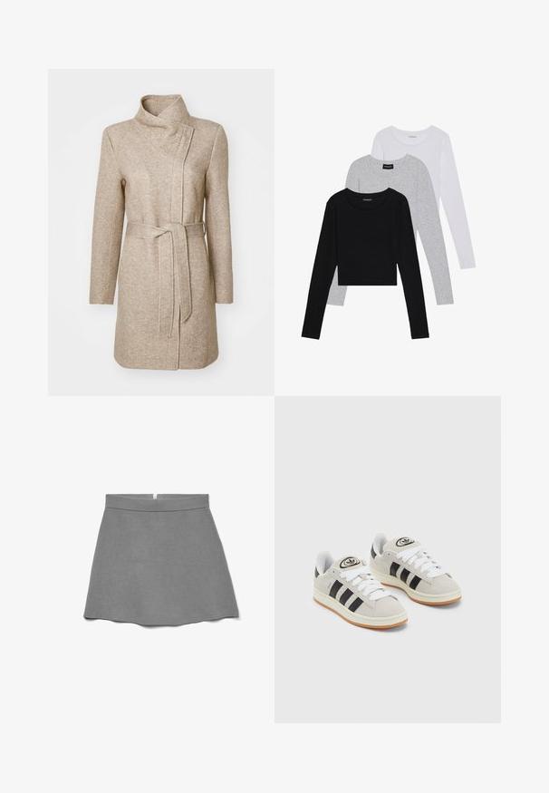 ONLY ONLELLI LIGHT - Pitkä takki - walnut melange; Kolme pitkähihasta paita päällekkäin: musta, harmaa ja valkoinen. Jokaisessa on pyöreä pääntie ja lyhennetty muotoilu, jossa on sileä ja kevyt kangas.; Harmaa hame pehmeästä kankaasta, jossa on korkea vyötärö, levenevä malli ja takana piilotettu vetoketju.; Harmaat mokkasiinikenkä, joissa on valkoiset nauhat, mustat raidat ja valkoinen kumipohja. Kantajassa on pyöreä logo ja vaaleanruskea pohja.