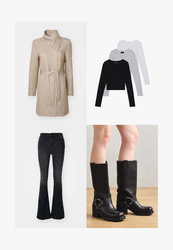 ONLY ONLELLI LIGHT - Manteau court - walnut melange; Trois hauts à manches longues empilés : noir, gris et blanc. Chacun a un col rond et un design court avec un tissu lisse et léger.; Jean noir évasé en denim, avec une taille haute, poches frontales, fermeture à bouton et finitions nettes à l'ourlet.; Jeffrey Campbell REFLECTION - Bottes de cowboy / motard - black