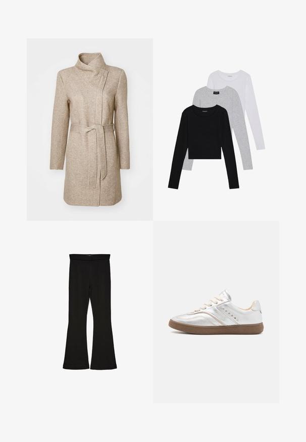 ONLY ONLELLI LIGHT - Kratki kaputi - walnut melange; Tri dugih rukava posložena: crna, siva i bijela. Svaka ima okrugli izrez i skrateni kroj s glatkom, laganom tkaninom.; Crne hlače na tregere od rastezljivog materijala. Imaju širok pojas i glatku teksturu, s uskim krojem koji se širi na rubu.; Nubikk RAY OWEN - Tenisice - silver metallic/shiny mocca