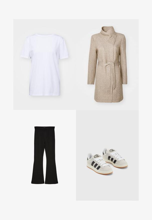 ONLY ONLELLI LIGHT - Abrigo corto - walnut melange; Camiseta de algodón blanca con cuello redondo, mangas cortas y un corte holgado. Textura suave y sin patrones ni adornos visibles.; Leggings negros de campana hechos de una tela elástica. Con una cinturilla ancha y una textura suave, presentan una silueta ajustada que se ensancha en el dobladillo.; Zapatillas de ante gris con cordones blancos, rayas negras y suela de goma blanca. Presentan un logo circular en la lengüeta y una suela de goma.