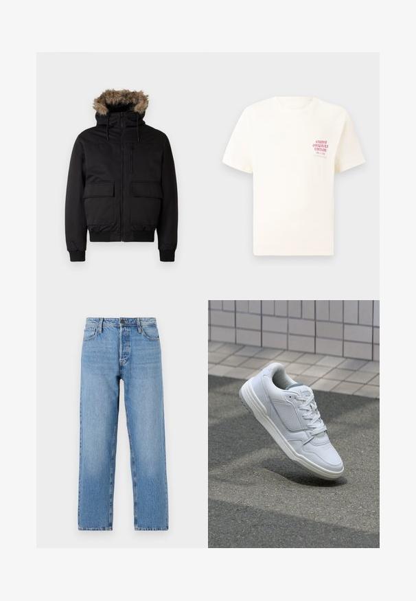 Must ekakujaga must, mis on valmistatud vastupidavast materjalist, faux karvaga vooderdatud kapuutsiga, ees oleva tõmbluku sulgemisega ja kahe suure ees oleva taskuga.; Valge lühikeste varrukatega T-särk, millel on vasakul rinnal punane tekst "Studio Originals Edition", esitatud neutraalsel hallil taustal.; Heledsinine teksapüksid sirge sääre disainiga, varustatud nööbi ja tõmbluku kinnitusega, viie tasku stiiliga ning kerge kulumisega.; Valge nahkne toss, millel on perforeeritud külgedega, tekstuuriga aktsendid, lame pael ja kontrastne hall konts. Omab veidi tõstetud tallat.