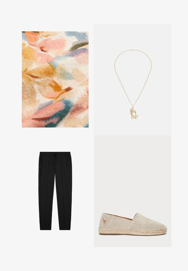 Veste chemise à motif vert présentant des designs géométriques en rouge, beige et vert foncé ; fabriquée en tissu doux ; comprend des boutons et une poche poitrine.; Tissu floral avec des couleurs pastel douces, incluant du rose, de l'orange et du bleu, avec une surface texturée et un motif flou.; Pantalons noirs à taille élastique avec cordon de serrage, dotés de poches latérales et d'une texture lisse, conçus avec une coupe droite.; Espadrille en suède beige avec une semelle en corde de jute, présentant une finition texturée et un petit logo brodé sur le talon.; Collier doré avec fermoir, présentant un pendentif en forme de mains jointes détaillées avec des nervures et une finition texturée.