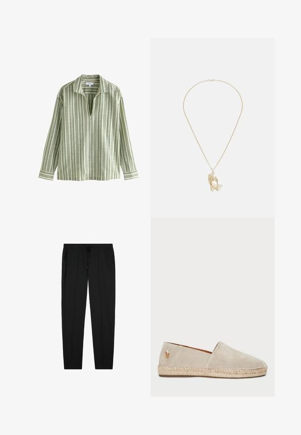 Giacca camicia verde con motivo geometrico in rosso, beige e verde scuro; realizzata in tessuto morbido; dotata di bottoni e tasca sul petto.; Camicia a maniche lunghe verde chiaro a righe con colletto, caratterizzata da strisce verticali in diverse tonalità di verde e crema, e un'apertura a V.; Pantaloni neri con vita elastica e coulisse, dotati di tasche laterali e una texture liscia, progettati con una gamba dritta.; Espadrille in suede beige con suola in corda di juta, caratterizzata da una finitura testurizzata e da un piccolo logo ricamato sul tallone.; Collana dorata con chiusura, caratterizzata da un pendente raffigurante mani giunte, dettagliate con scanalature e una finitura testurizzata.