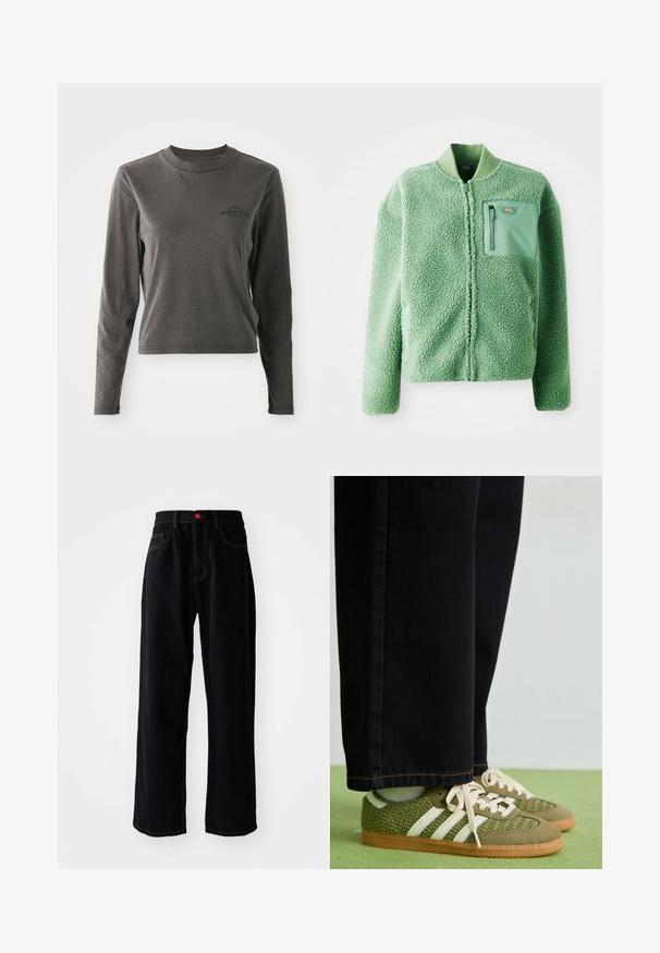 Žalias pūkuotas džemperis su tekstūruota paviršiumi, turintis užtrauktuko krūtinės kišenę ir banguotą apykaklę. Priekinis užtrauktukas, ilgomis rankovėmis.; Pilkas medvilninis marškinėliai ilgomis rankovėmis, su apvalia apykakle, kuriuose yra mažas juodas atspausdintas logotipas ant krūtinės ir tiesus kraštas.; Juodi džinsai su tiesių kojų fasonu, klasikinio penkių kišenių dizainu, raudonu mygtuko akcentu ir kontrastingomis auksinėmis siūlėmis.; Žalieji austi sportbačiai su baltais dryžiais, zomšos akcentais ir guminiu padu, derinami su juodomis džinsinėmis kelnėmis.