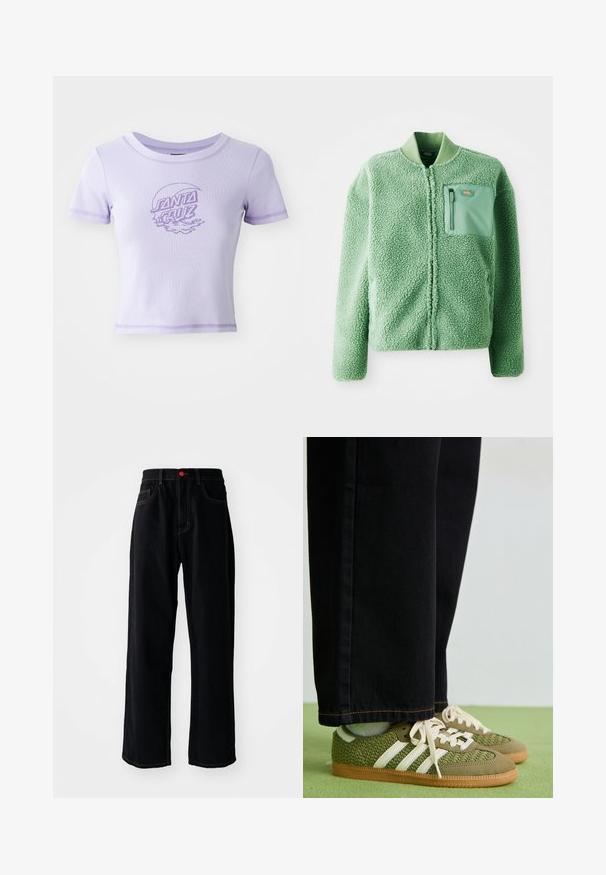 Zelená fleecová bunda s textúrovaným povrchom, ktorá má zipsom uzatváranú náprsníkovú vrecko a rebrovaný golier. Predné zapínanie na zips, dlhé rukávy.; Fialová priliehavá tričko s krátkymi rukávmi, okrúhlym výstrihom a kontrastným šitím. Má prednú grafiku "SANTA CRUZ".; Čierne denimové nohavice s rovnými nohavicami, klasickým strihaním s piatimi vreckami, červeným detailom na gombíku a kontrastným zlatým prešívaním.; Zelené tkané tenisky s bielymi pruhmi, z semišovými detailmi a gumovou podrážkou, kombinované s čiernymi denimovými nohavicami.
