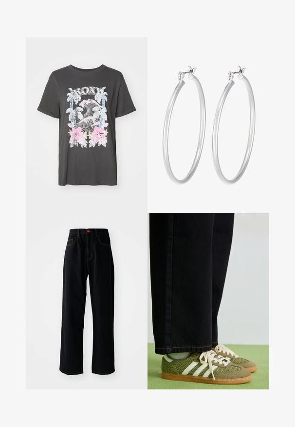 Zelená fleecová bunda s texturovaným povrchem, vybavená kapesními zipy na hrudi a žebrovaným límcem. Přední zipový uzávěr, dlouhé rukávy.; Černé bavlněné tričko s logem Roxy, palmami, vlnami a růžovými ibišky v retro opotřebovaném grafickém designu.; Černé džínové kalhoty s rovnými nohavicemi, klasickým pěti kapsovým střihem, červeným knoflíkem a kontrastním zlatým šitím.; Zelené tkané tenisky s bílými pruhy, semišovými akcenty a gumovou podrážkou, spárovány s černými denimovými kalhotami.; Stříbrné kruhové náušnice s hladkým, lesklým povrchem a minimalistickým designem, se zabezpečeným uzávěrem nahoře.